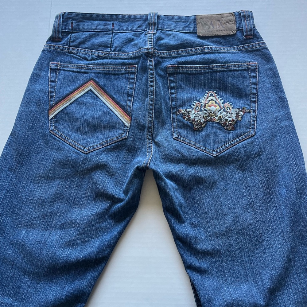 Armani Exchange Blue Denim Straight Leg Embroidery Pocket Designer Jeans 33